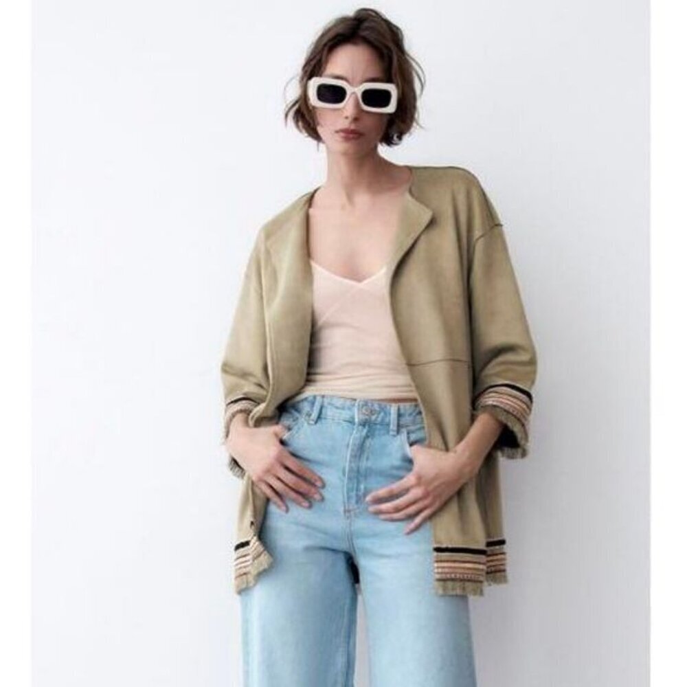 ZARA Suede Fringe Open Front Jacket Size XS